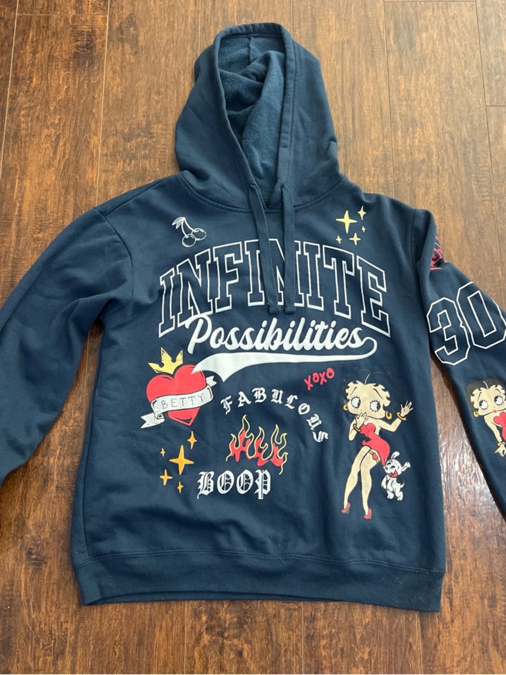 Betty Boop Navy Graphic Pullover Hoodie with Red & Yellow Accents